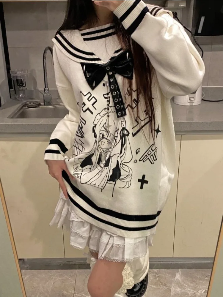 Słodki nadruk kreskówkowy Biały sweter Anime Pullover Knit Y2k Odzież Harajuku Gothic Tops Luźny kołnierzyk Dzianina damska