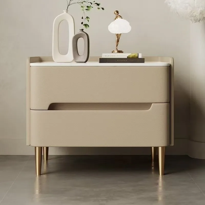 Italian Style Slate Solid Wood Nightstand, Leather Light Luxury Bedside Cabinet, Double Layer Storage Drawer for Bedroom
