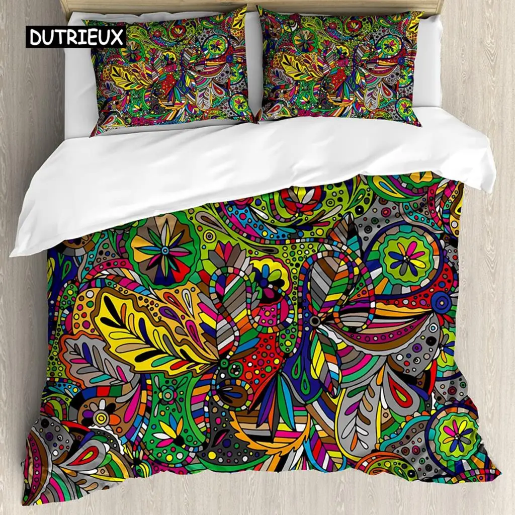 

Colorful Duvet Cover Funky Curly Detailed Doodles Tangled Trippy Pyschedelic Botanical Nature Queen King Polyester Qulit Cover