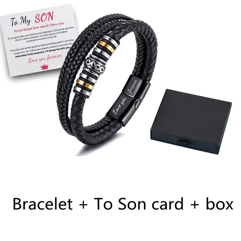 To My Son Braided Leather Bracelet With Card Box Love You Forever Double Row Magnetic Closure Men\'s Bracelet Jewelry Gift