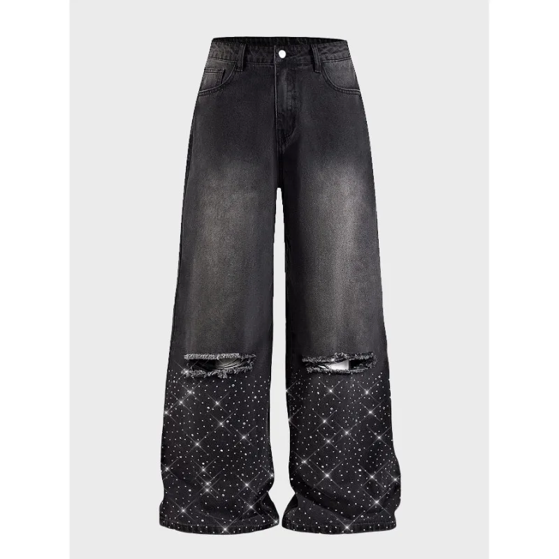 All Season Mens Street Style Black Crystal Embellished Non Stretch Denim Jeans Casual Long Pants
