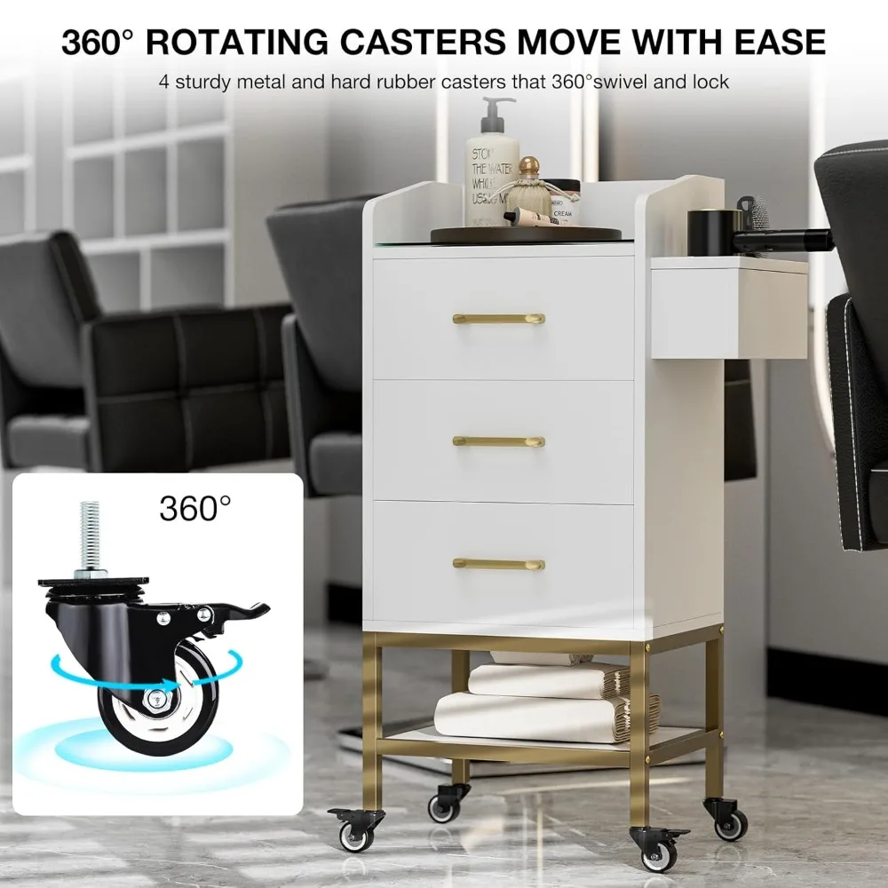 محطة صالون مكونة من 4 طبقات لمصفف الشعر، محطة تخزين حلاقة بيضاء مع سطح زجاجي، 3 أدراج، حاملات مجفف الشعر