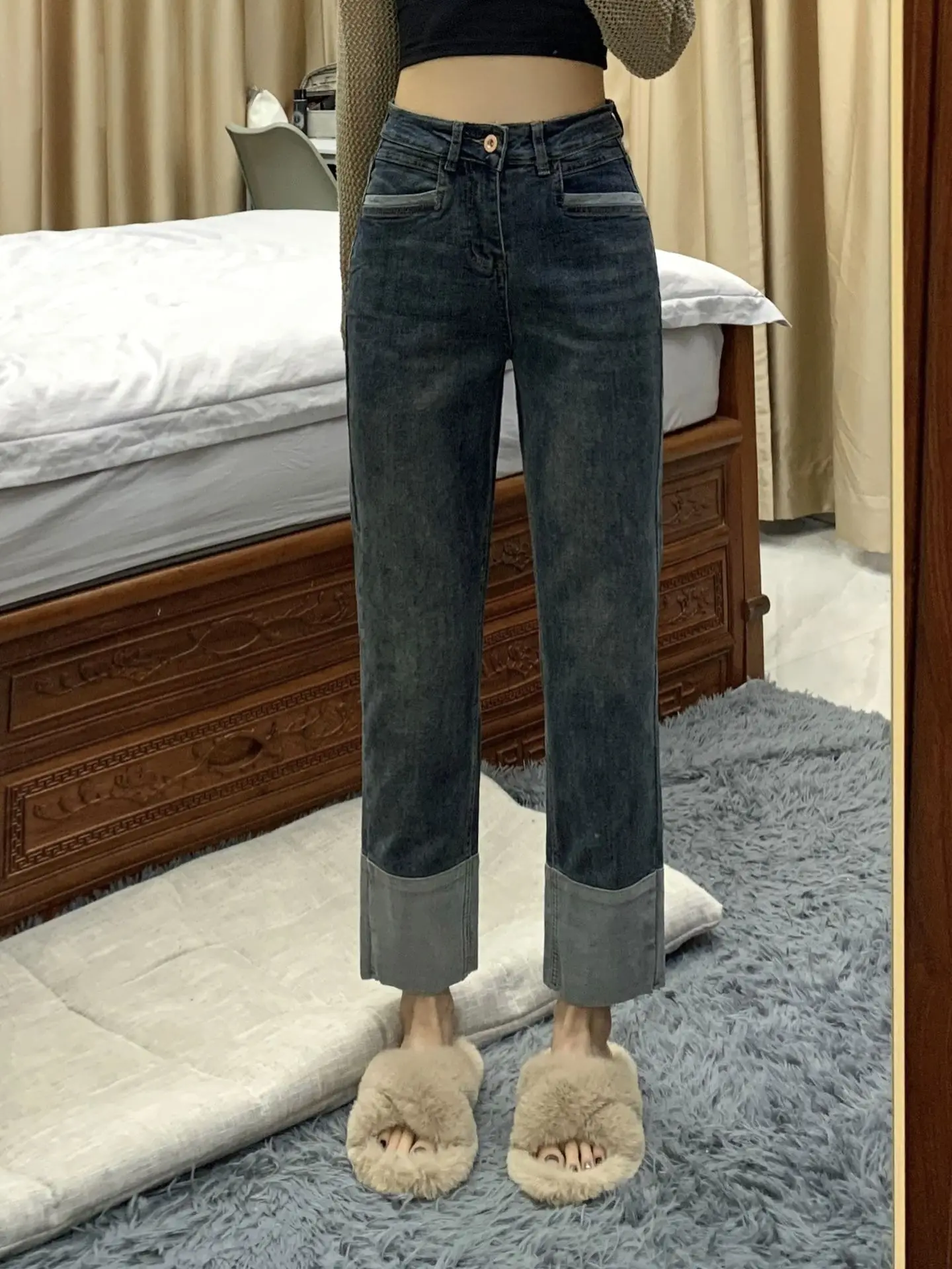 ハイウエストベルボトムストレートレッグ九十デニムジーンズ女性プラスサイズ春秋痩身パッチワークスモークチューブパンツ