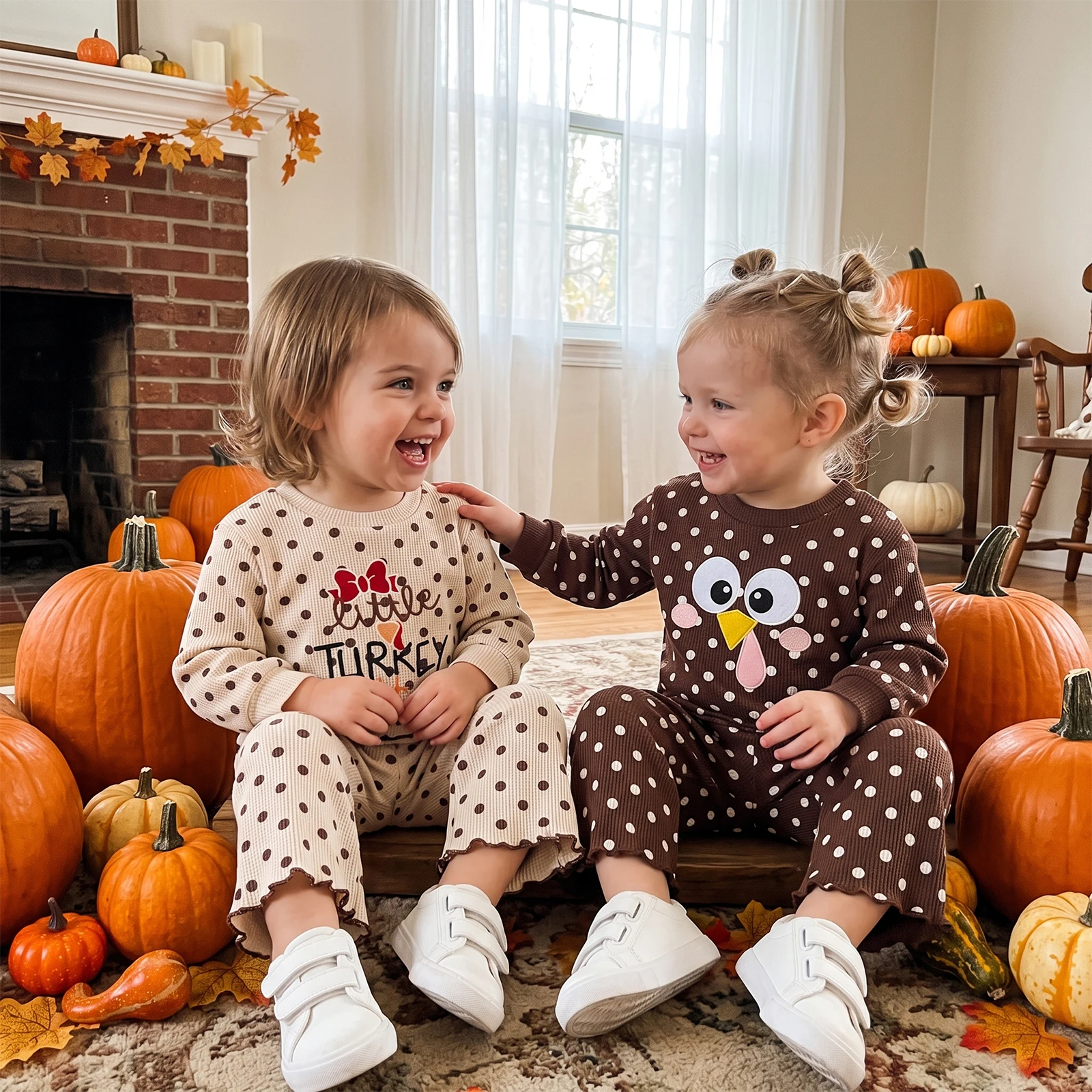 2027 Early Autumn Toddler Baby Girl Thanksgiving Outfits Long Sleeve Round Neck Dots Tops with Pants Baby's Sets