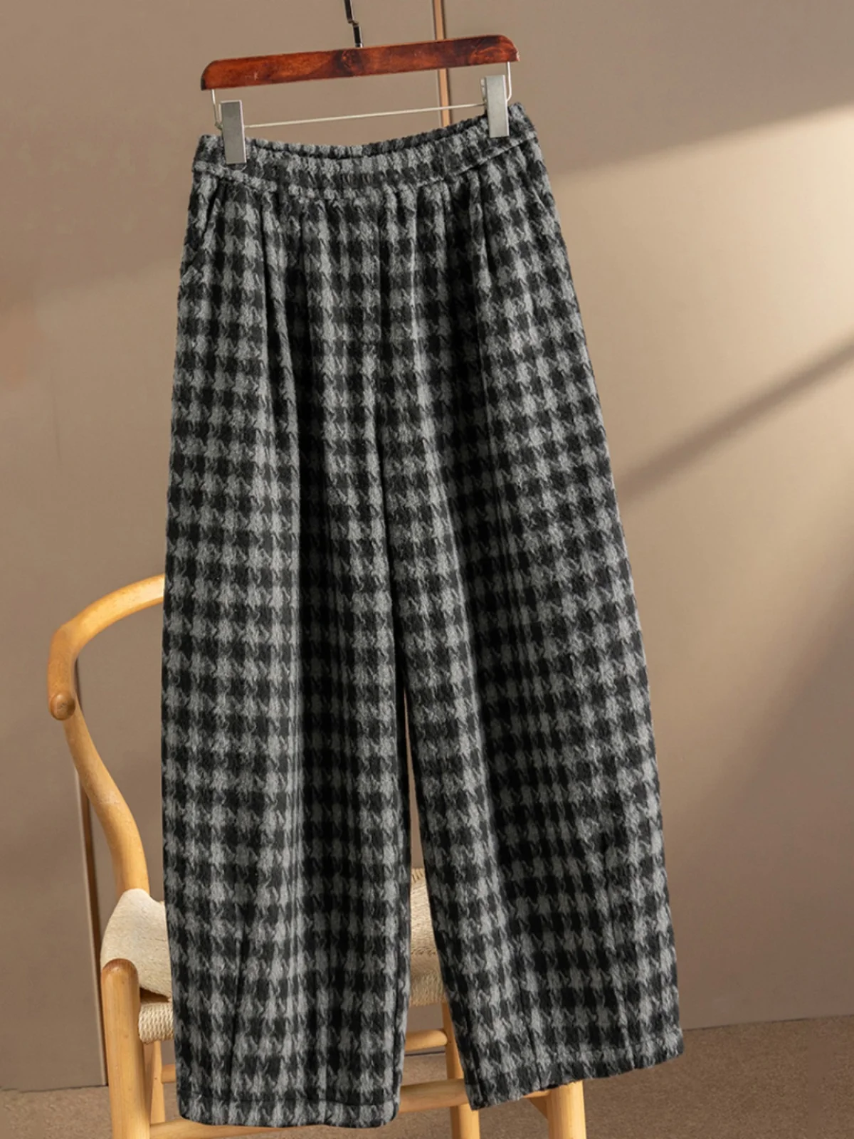 

Повседневные шерстяные брюки в клетку с эластичным поясом, широкие штаны для полных женщин, художественные зимние брюки для отдыха, стройнящие фигуру