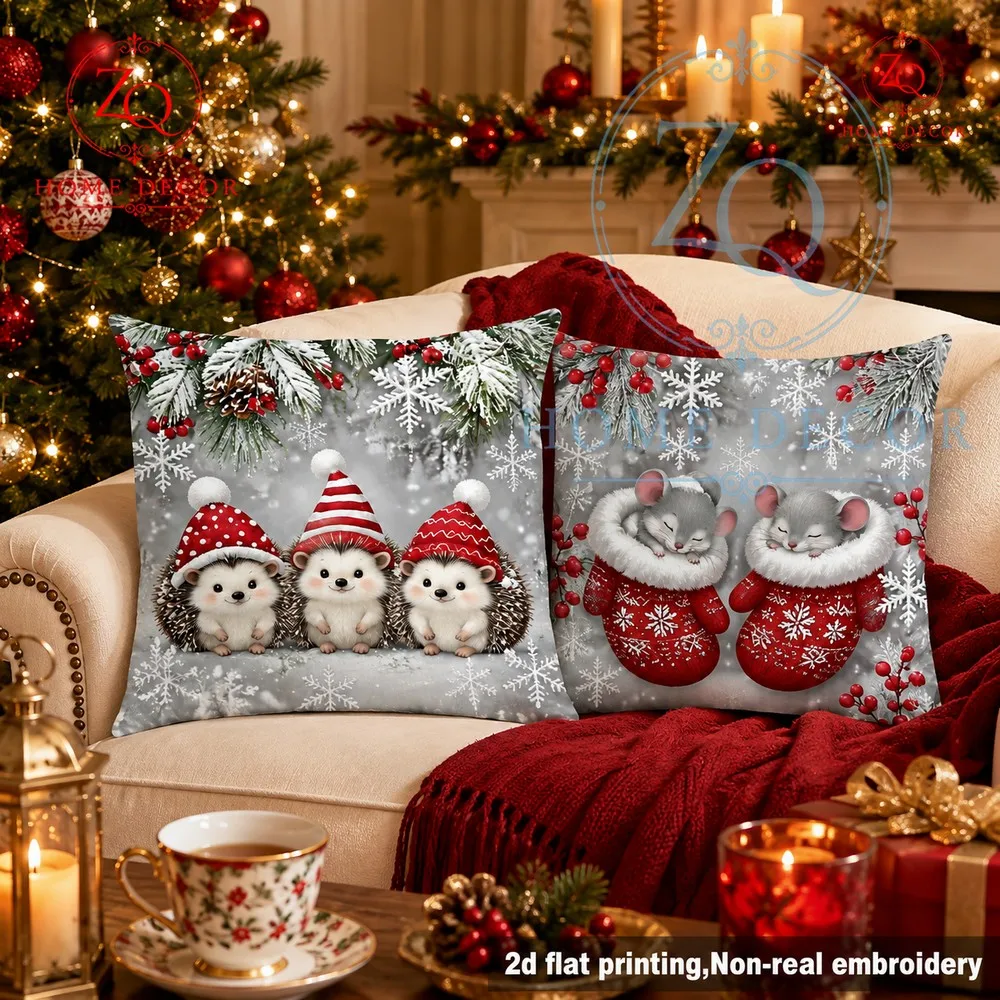 Christmasthemed hedgehog party cushion cover gray snow scene red h cute pet home furnishings festive sa back cover.