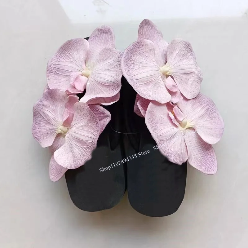 

Black Pink Flower Decor Flattie Slippers Round Toe Hollow Fashionable Sexy Cool Western Summer Woman Shoes Zapatillas Mujer