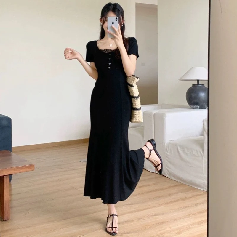 Robe longue d'été à manches courtes pour femmes, trompette, sirène, enveloppée de fesses, coupe cintrée et amincissante, tempérament élégant, 2025