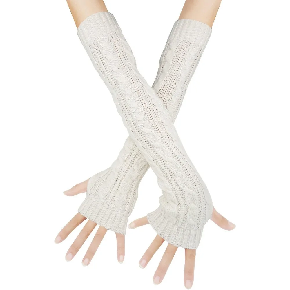 

Womens Winter Warm Over Elbow Long Fingerless Thumb Hole Gloves Mittens Knitted Arm Warmer
