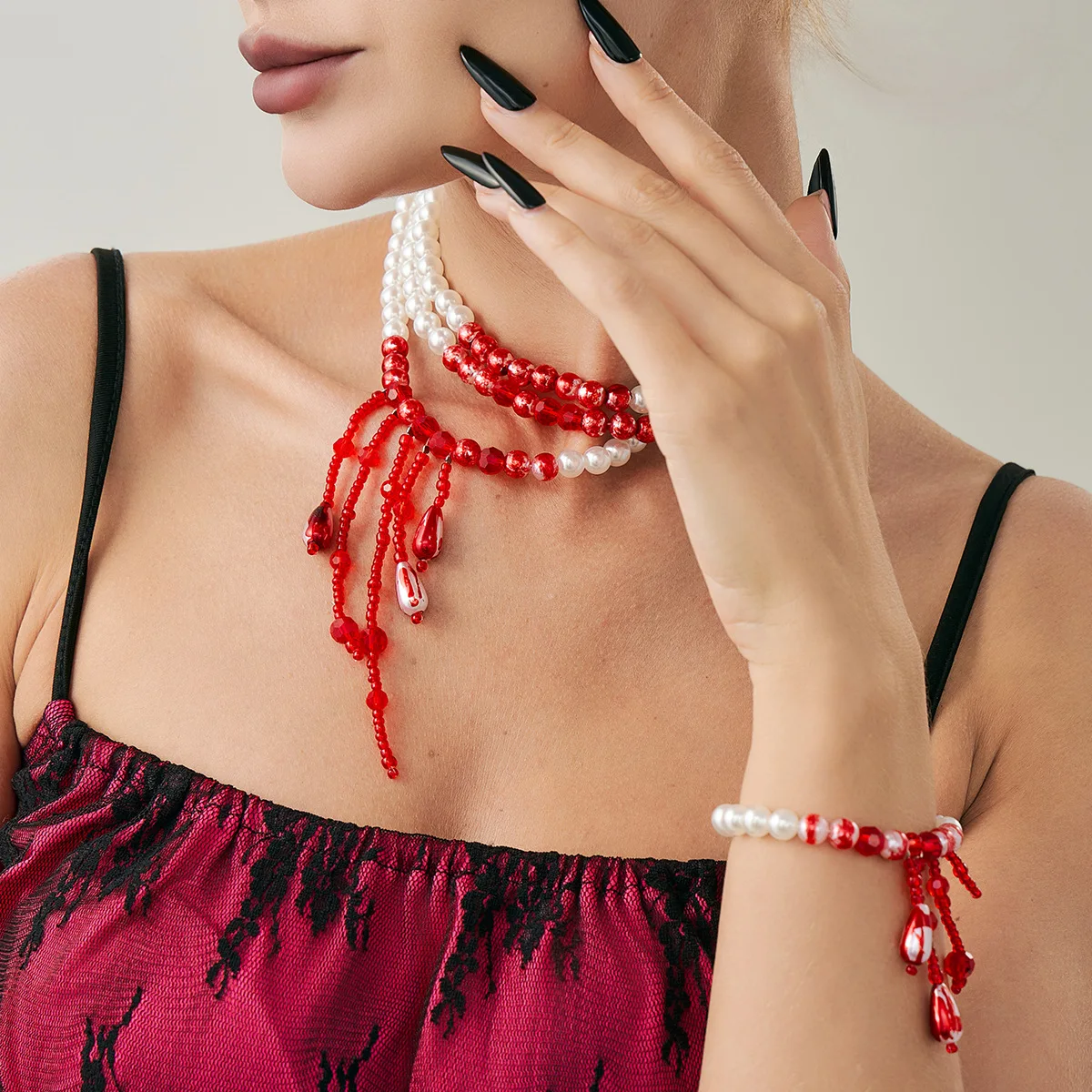 

Vintage Gothic Multilayer Drop of Blood Imitation Pearl Crystal Tassel Necklace Bracelet Earrings Sets Female Halloween Jewelry