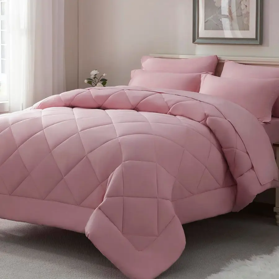 

Queen Comforter Set 7 Pieces Bed in a Bag Queen Size, Bed Set for All Seasons, Blush Pink Ultra Soft Bedding Sets with Comforter
