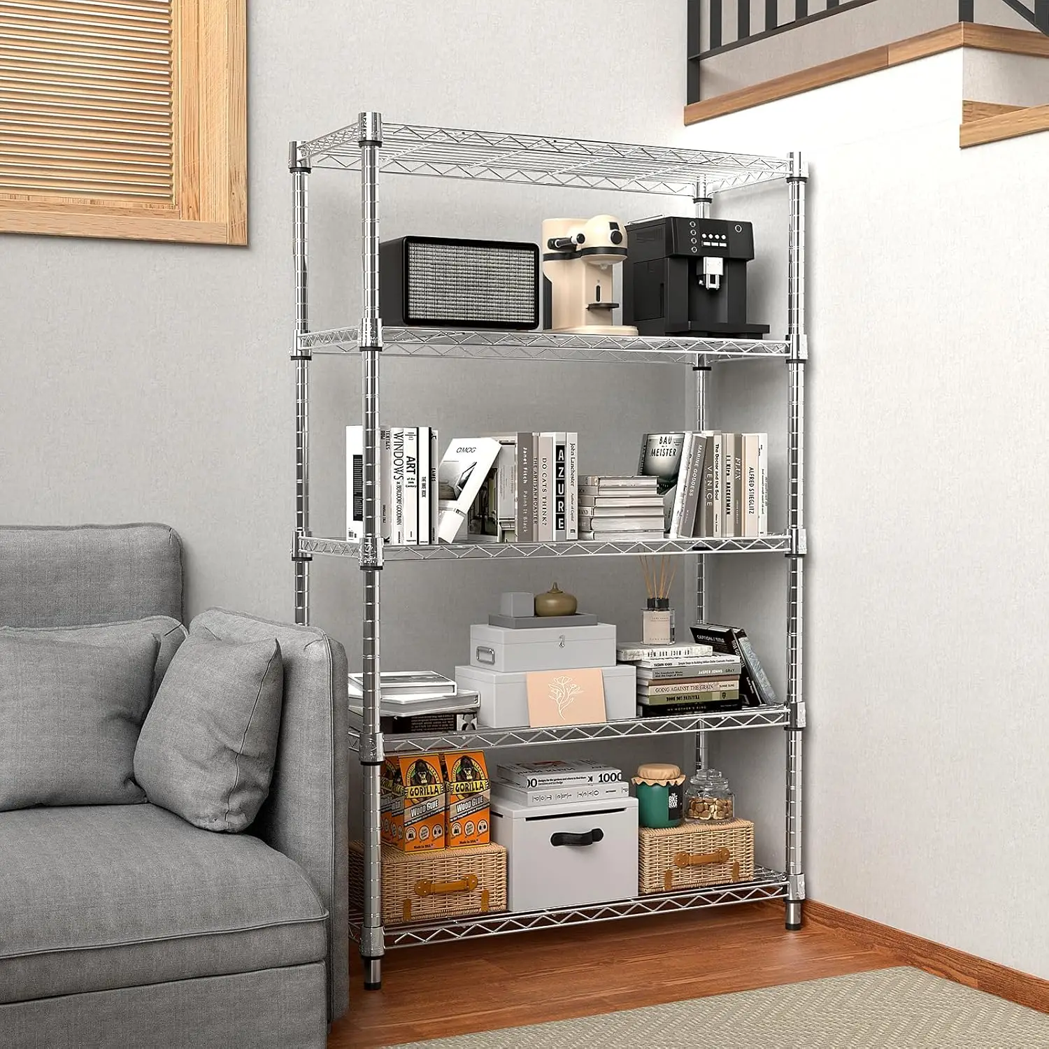 1250 lbs Steel Heavy Duty 5-Tier Utility Shelving Unit Steel Organizer Wire Rack for Home,Kitchen,Office,Chrome (13.7" D x 23.6"