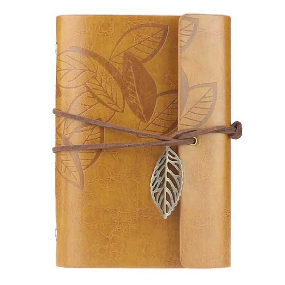 Vintage Style Leaf Leaves Pattern PU Cover Notebook S Yellow Loose-Leaf String Bound Travel Journal Diary Blank Notebook Journal