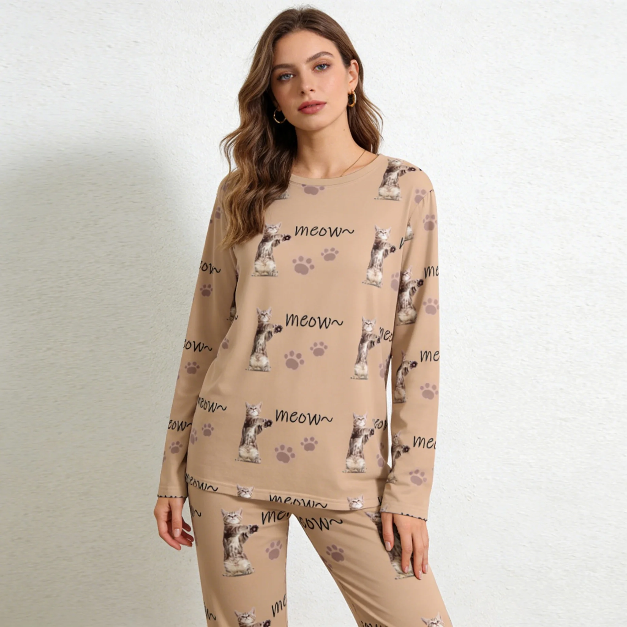 Custom Crew Neck Pajama Set Personalized Images and Text Gifts Couples Spouses Friends Pets Family