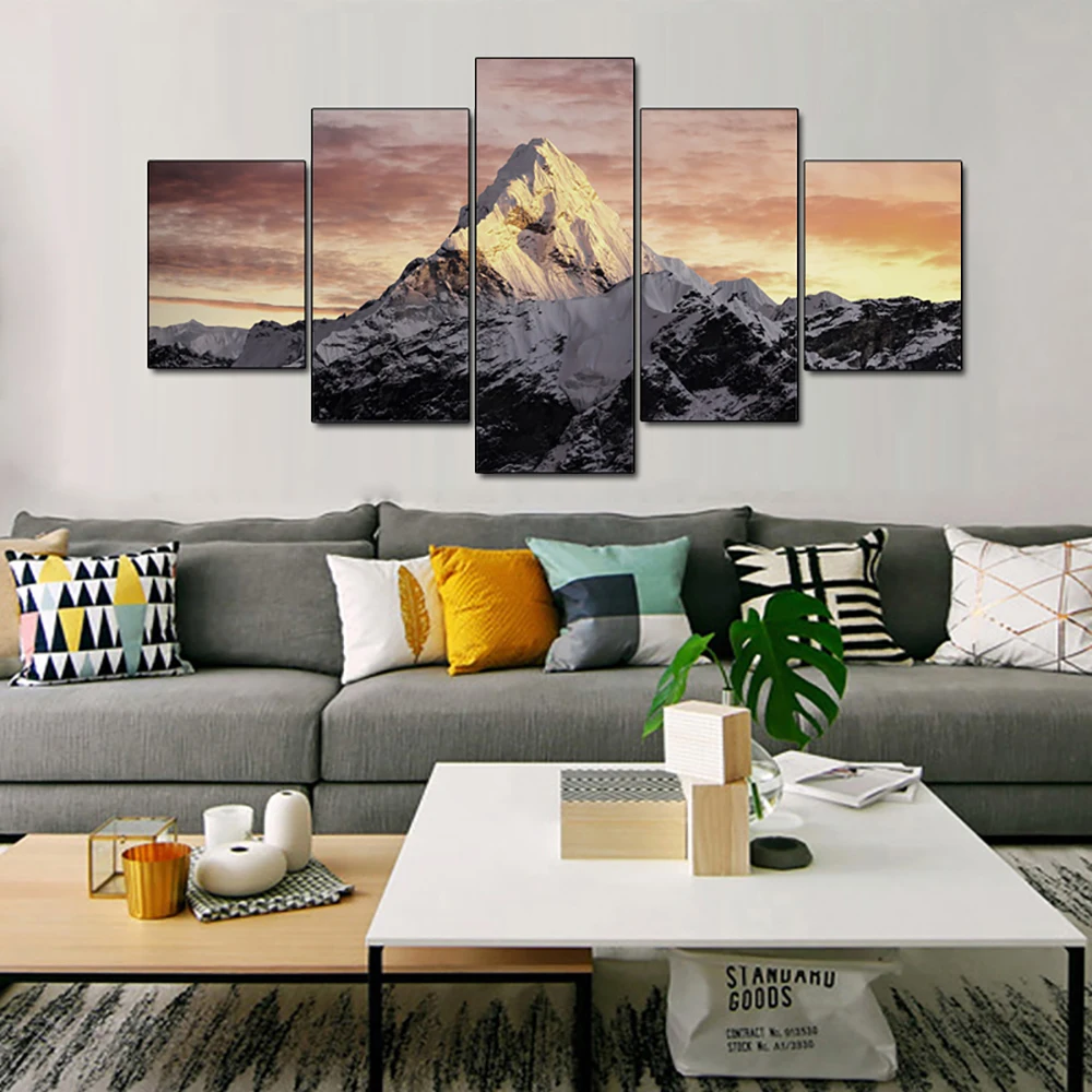 

5 Pieces Printed Modular Picture Canvas Painting Landscape Mountain Sunset Volcano Wall Art Living Room Home Decor Nuture Mural