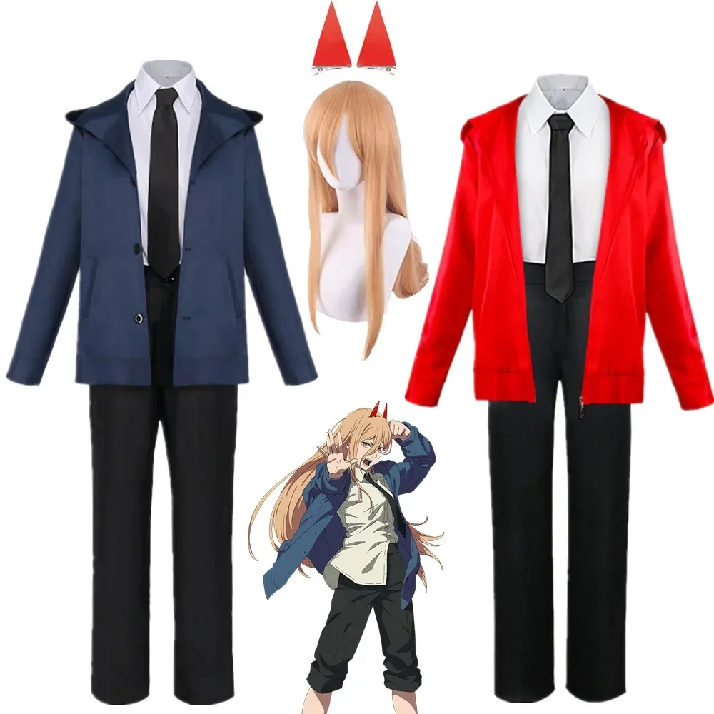 Anime Chainsaw Man Power Cosplay Costume Blue Jacket Uniform Red Outfit Hairpins Blood Fiend Devil Halloween Carnival Clothes