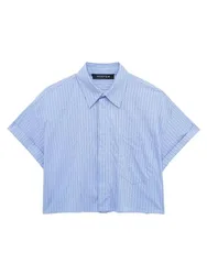 HH Fashion Women's Blue Striped Cropped Blouses Spring Summer 2024 Polo Collar Short Sleeve Shirt Top Elegant Woman Blouse