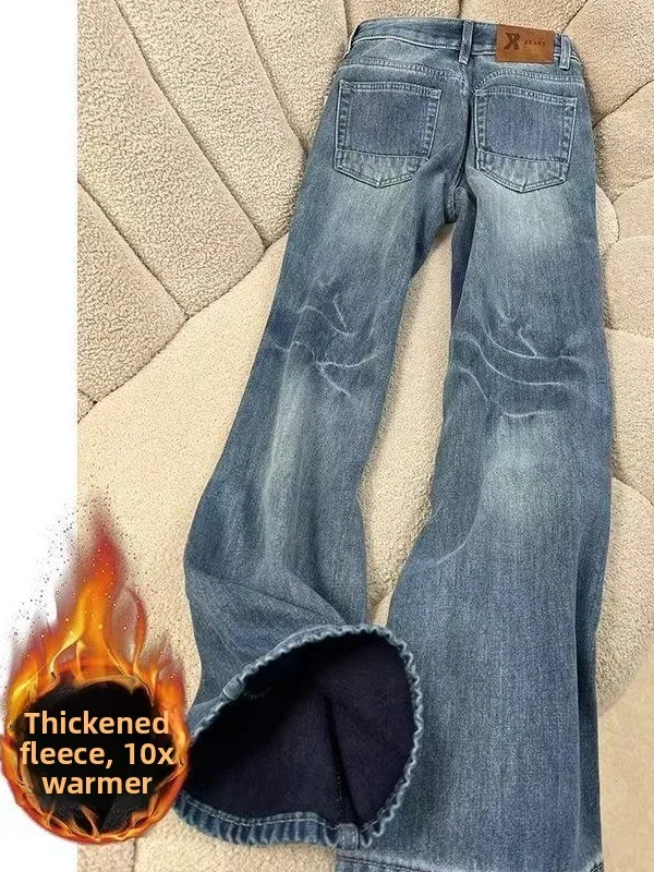 

plus Size Women's Retro Flared Jeans Autumn Winter Thickened Fleece Straight Leg Bell Bottoms High Waist Cotton Denim Pants