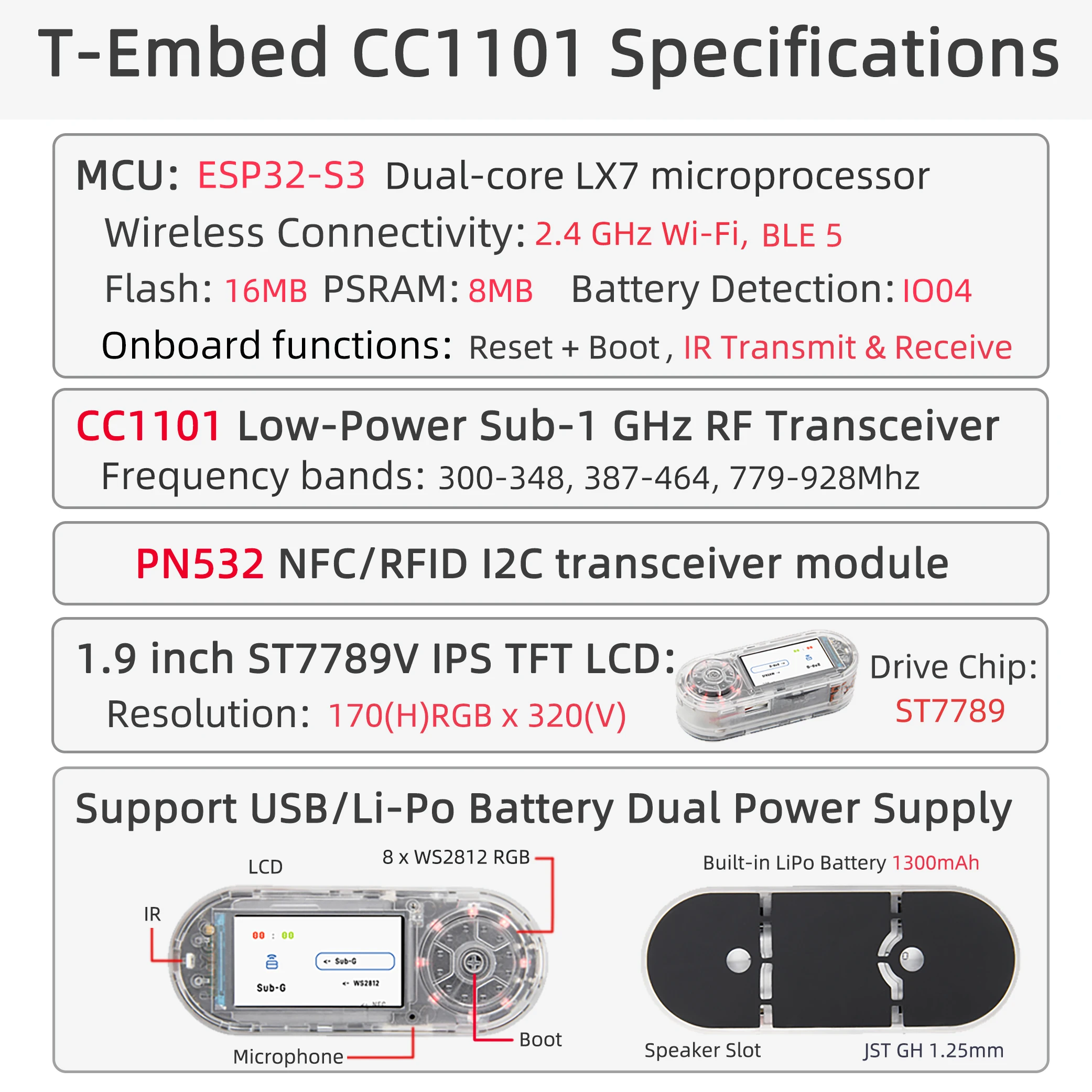 T-Embed CC1101 ESP32-S3 منخفضة الطاقة الفرعية 1 جيجا هرتز جهاز الإرسال والاستقبال الترددات اللاسلكية PN532 NFC تتفاعل I2C وحدة لوحة ال سي دي المدمج في بطارية 1300 مللي أمبير