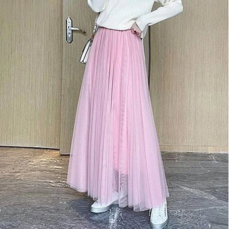 Women's Pleated Skirt Elegant A-line Dress for Woman Clothing Sales Mesh Yarn Mid-length Dress Mesh High Waist  Office Lady