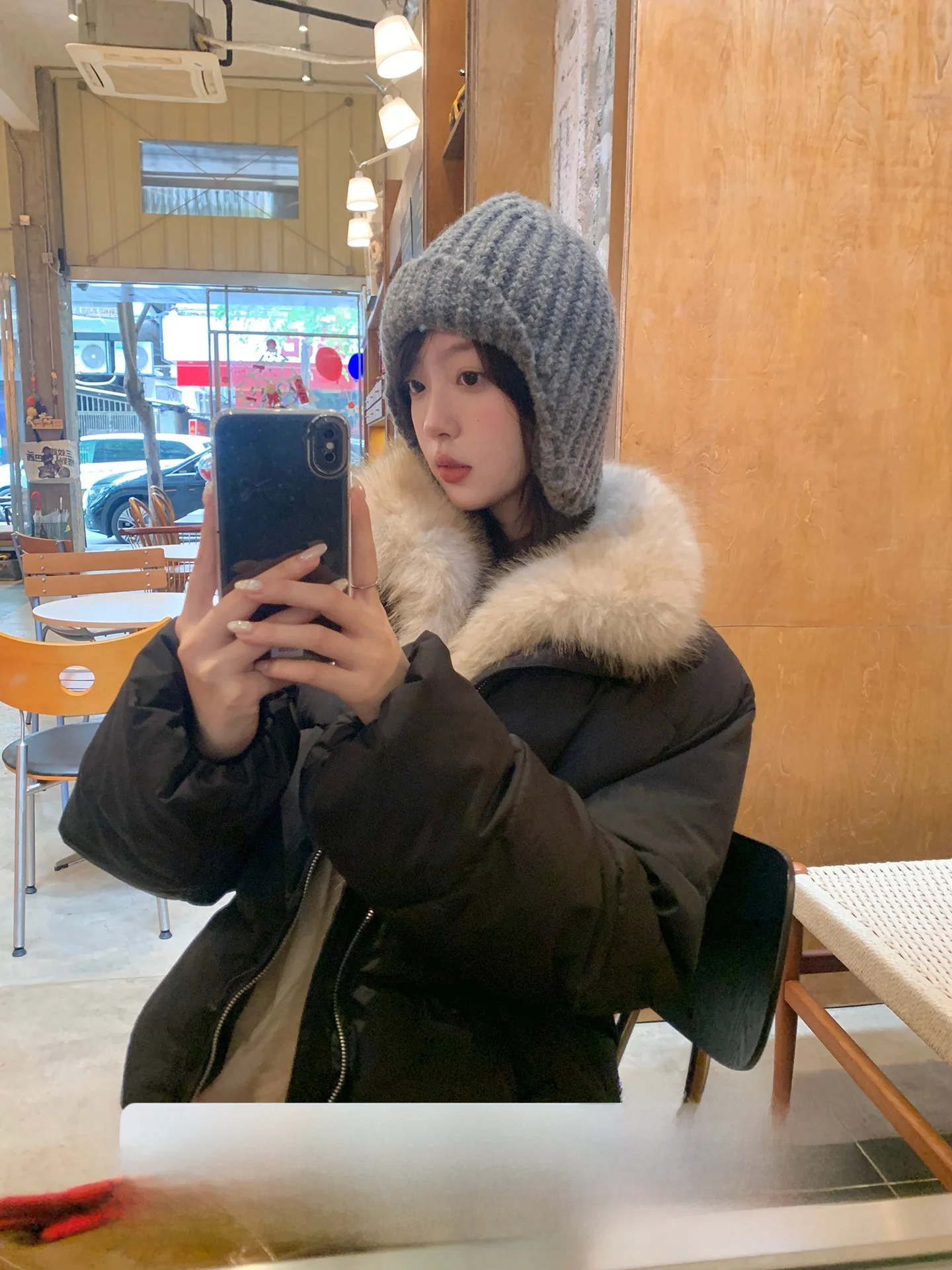 

Ele White Cotton Jaet Women's Loose Fit Coat with Fur Collar Korean Sle Long Sve Zipper Closure Cotton Inner Liner