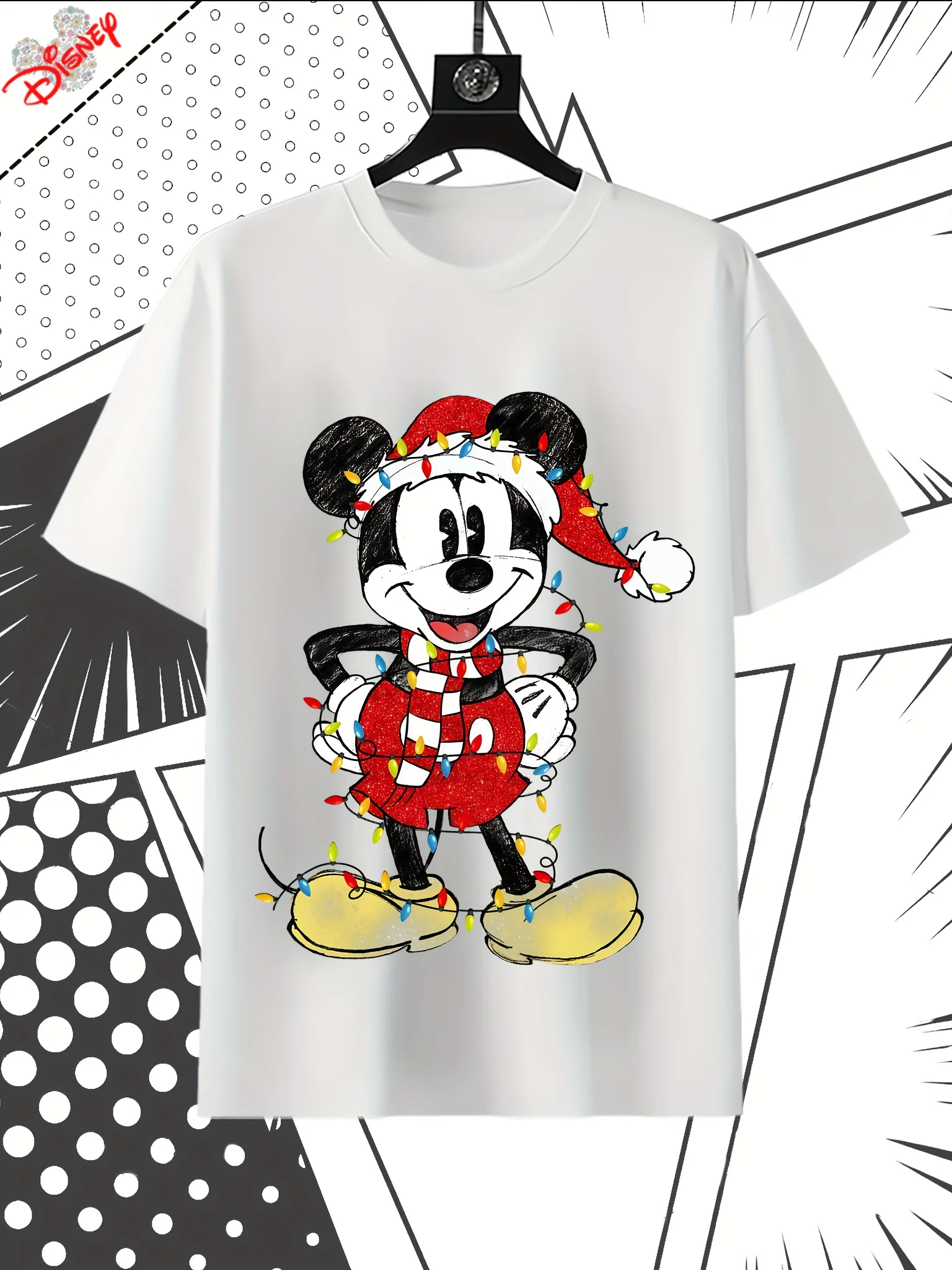تي شيرت ديزني ميكي وميني ماوس لعيد الميلاد، وآذان مميزة وربطة عنق حمراء - ملابس كاجوال لحفلات العطلات