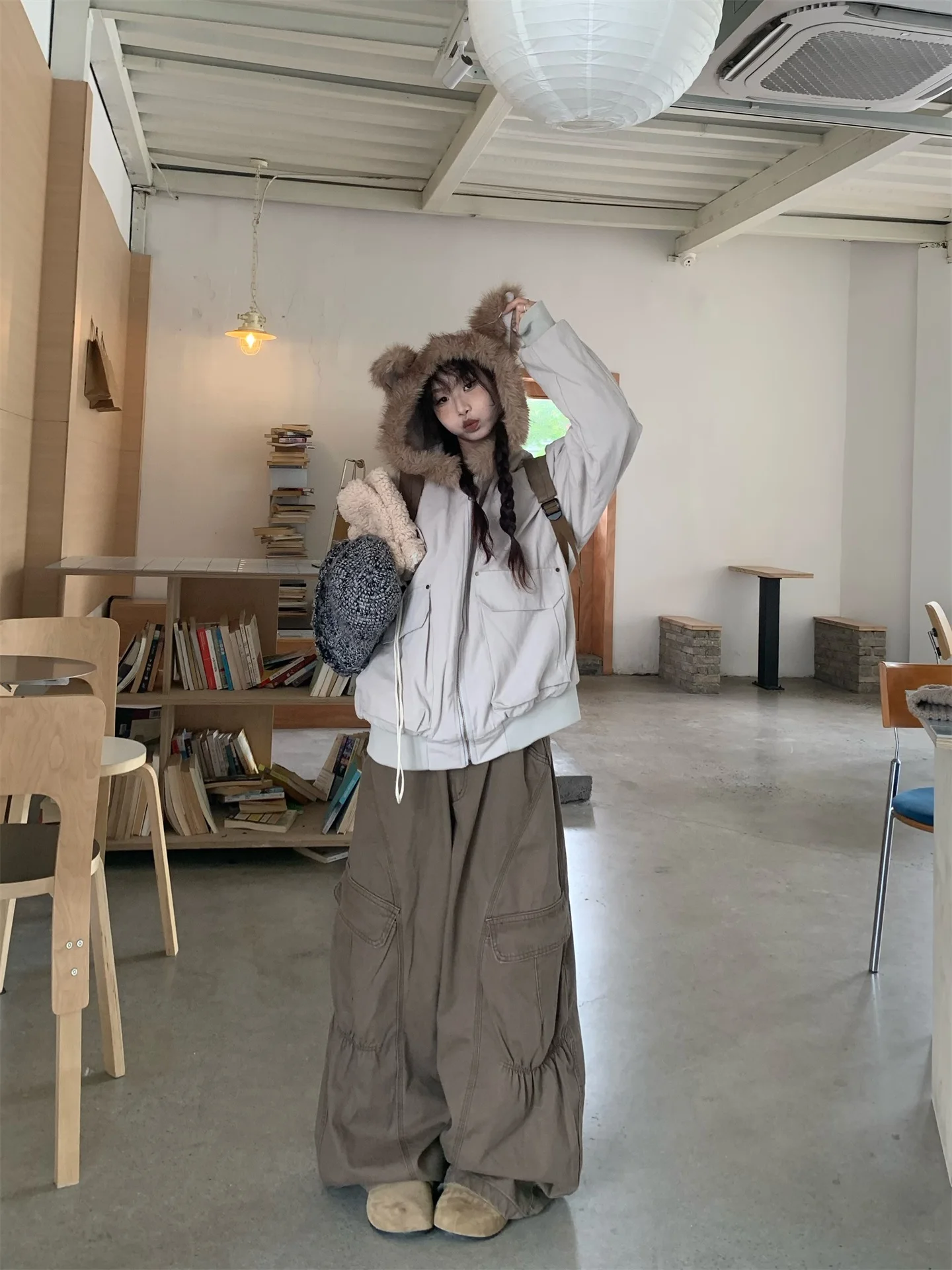 

Retro American Plu Bear Ear Hooded Jaet Women's Thiened Cotton Coat Warm Autumn Winter Outerwear Casual Commute Sle