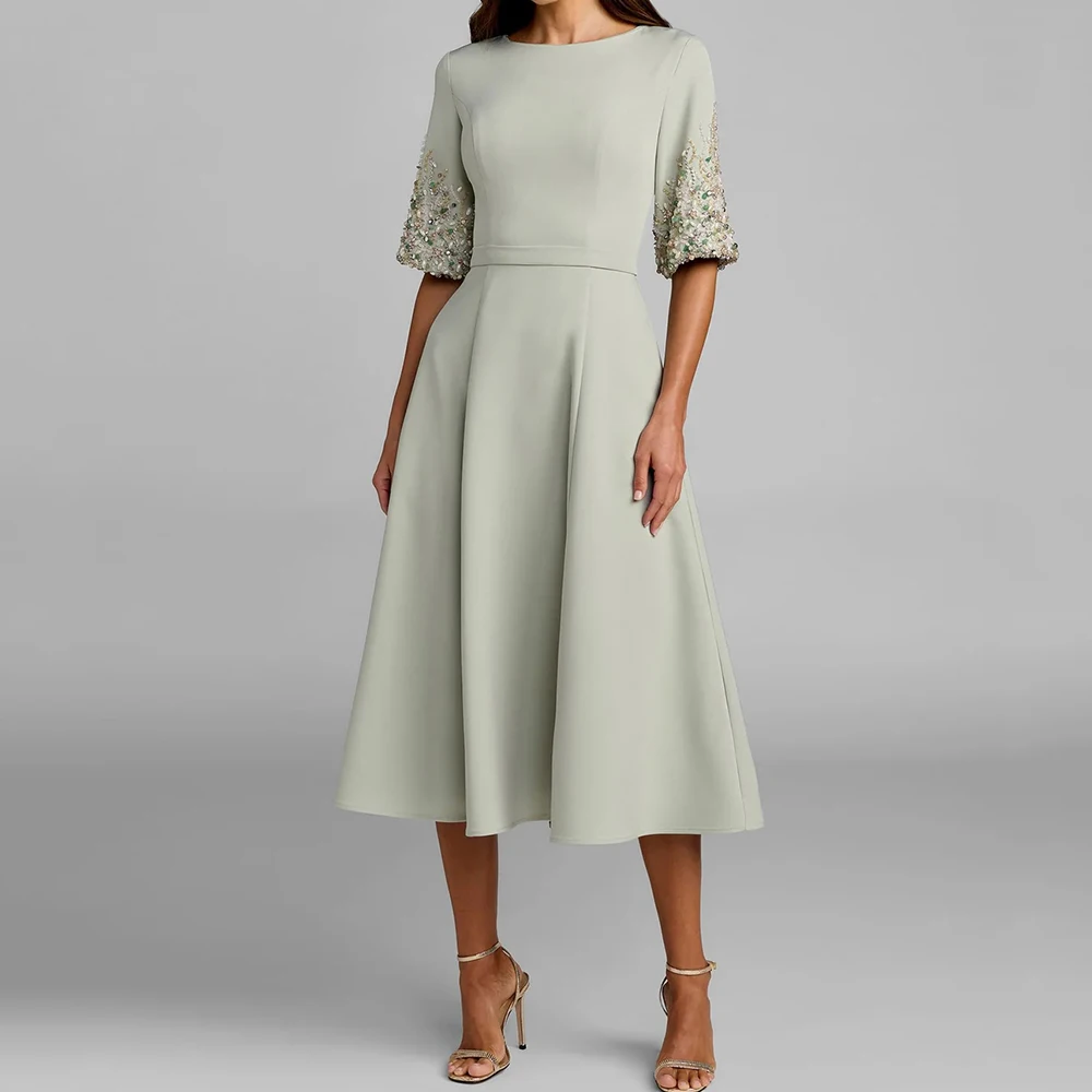 

Women's A-line Evening Dresses Tea-length Scoop-neck Half Sleeve Prom Gown Fashion Beading Crystal Simple Draped Customized Gown