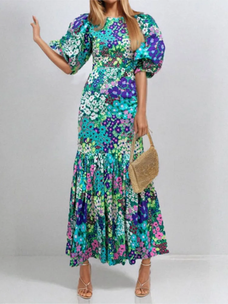 

Women's Elegant Style Lantern Sleeve Print Wrap Hip Long Dress Summer Sweet Cool Style Slim Round Neck High Waist Casual Dresses