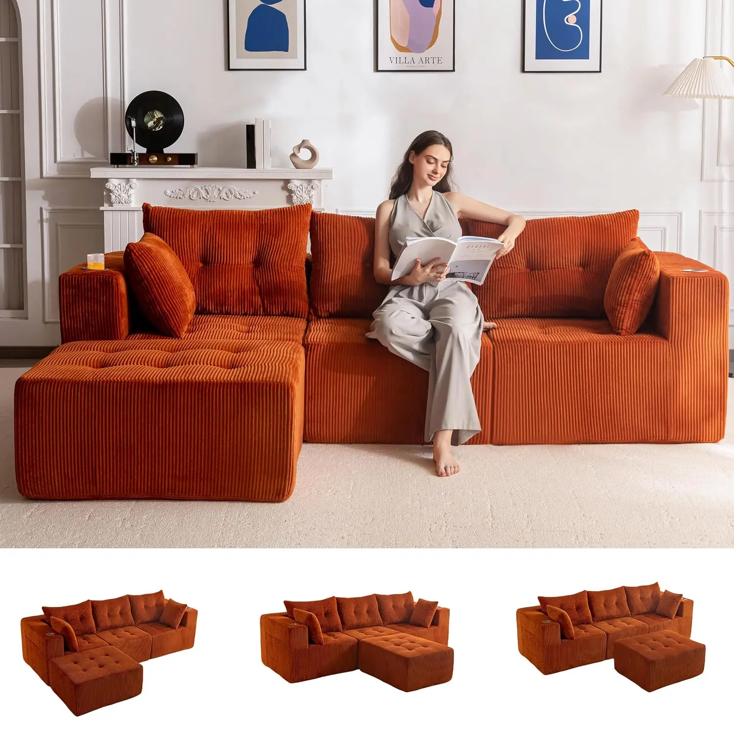 L-Shaped Modular Cloud Sofa 4-Seat With Ottoman, Customized