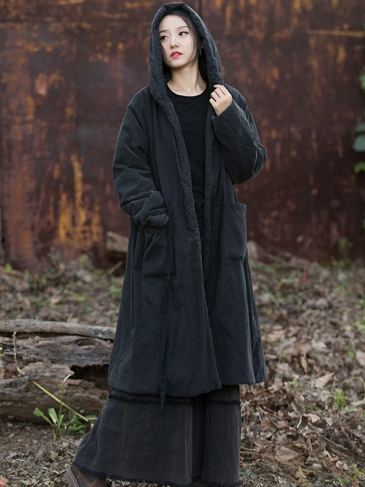 100% Cotton Women's Black Hooded Long Parka Warm Thick Winter Coat Long Sleeves Vintage Original Parkas Mori Girl Style