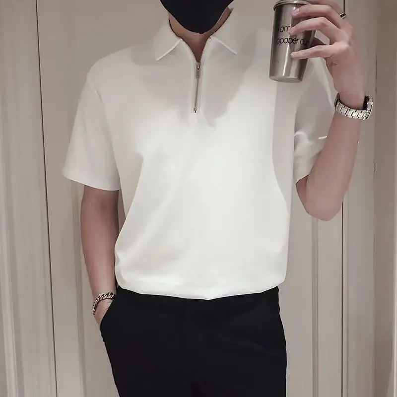 Men Polo Shirts T-shirt Lapel Short Sleeve Half Zipper Korea New Menswear Tops Solid Color Business Casual Tees Black White Tees
