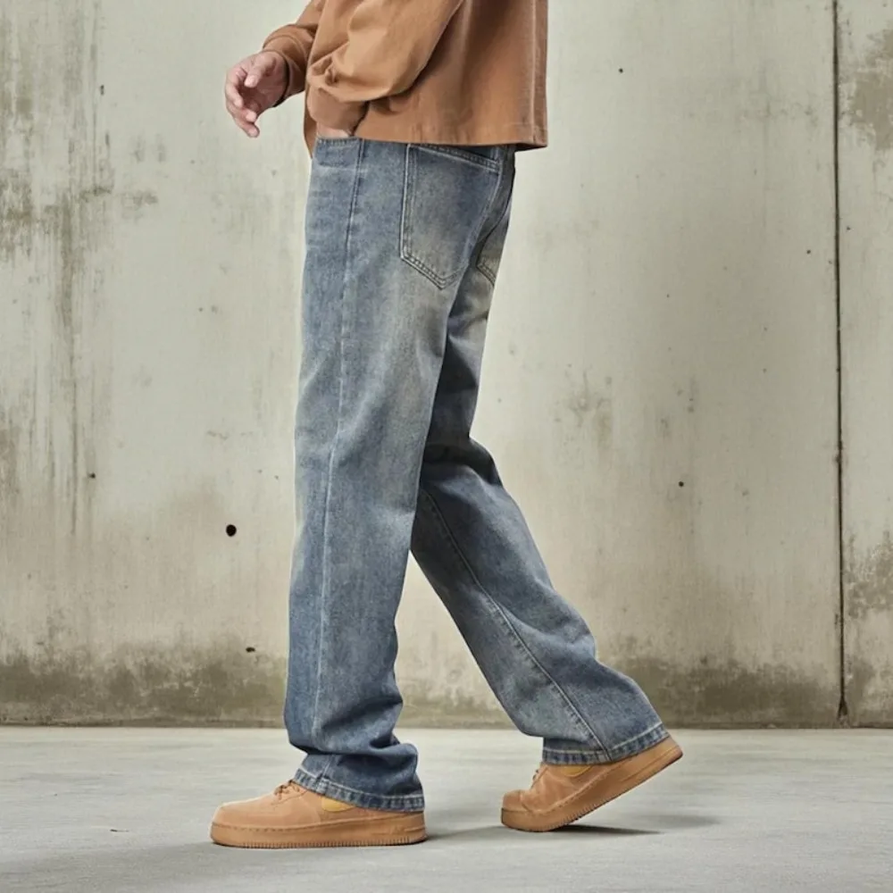 بنطلون جينز فضفاض للرجال مستقيم بنطال ذو قصة أرجل واسعة Y2k جينز فضفاض عتيق ملابس الشارع موضة الهيب هوب #4