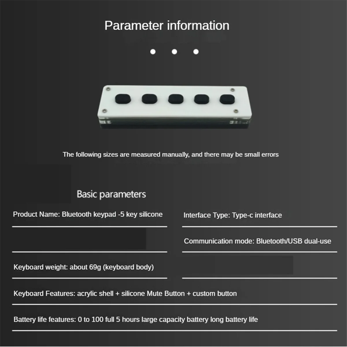 A56XQ Cicha silikonowa klawiatura Bluetooth do programowania niestandardowego Makro 5 klawiszy Macropad Kopiuj wklej Klawiatura USB, Bluetooth + USB