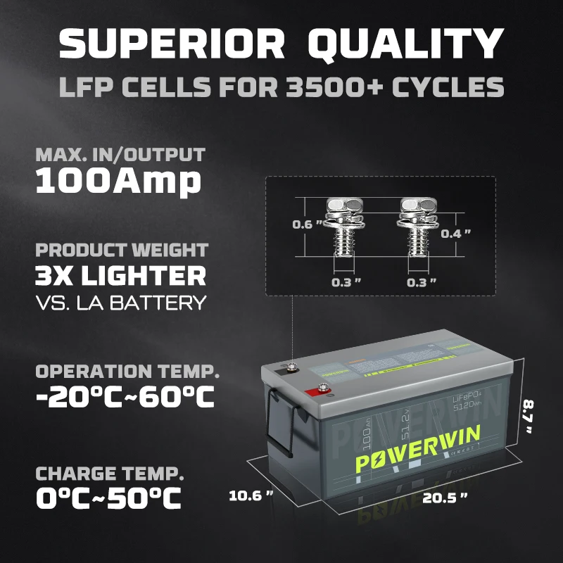 Imagem -06 - Powerwin Bt5120 Lifepo4 Embutido Bms Ciclos Profundos Solar Recarregável Durável 51.2v 100ah 5120wh Gerador Solar