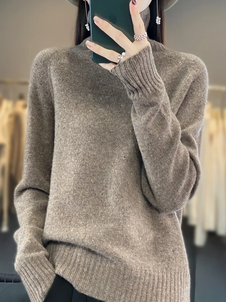 New Turtleneck Spot Long Sleeved Pullover Knitting 100% Wool Women's Sweater High-Quality Loose Solid Color Tops Simple Style