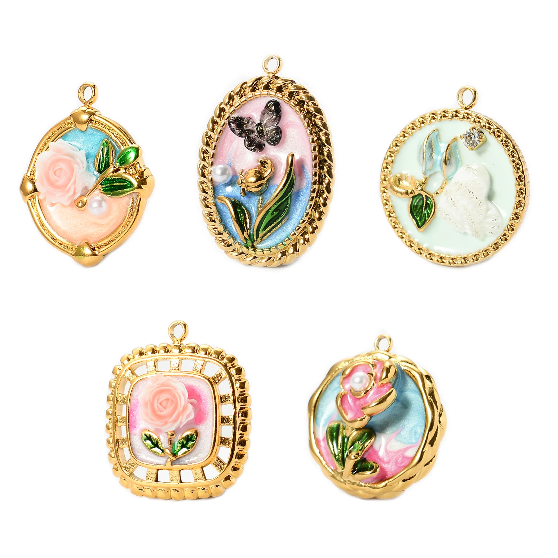 4pcs/lot Fashion Retro Stereoscopic Enamel Flower Charms For DIY Necklaces Making Stainless Steel Jewelry Accessories