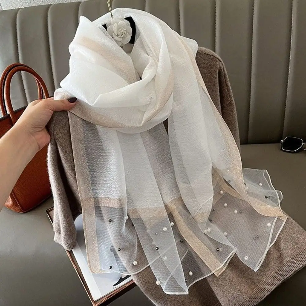 Sweet Pearls Silk Scarf Shawls Transparent Korean Style Mesh Neck Scarves Neckerchief Sunscreen Wedding