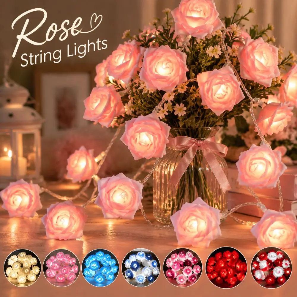 1.5m Rose Blossom Vine String Light LED Copper Wire Rose Flower Light Artificial Battery Powered Flower Garland Light Ornament