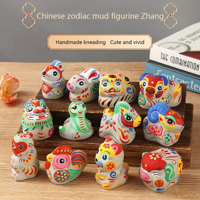 

Chinese traditional clay sculptures, twelve zodiac animals, clay figurines, painted ornaments, non traditional folk crafts