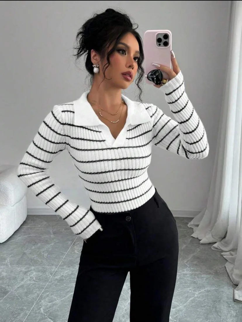 

2025 Autumn Winter Women Solid Rib Knit Blouse V Neck Stripe Pull Sweater Femme Y2k Pullover Street Jersey Tops Fashion Clothes