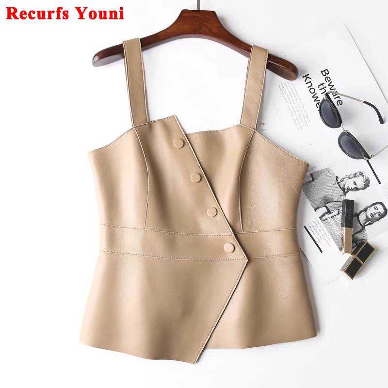 2024 New Genuine Leather Vest Women Sheepskin Irregular Diagonal Edge Leather Buttons Tank Top Beige Chic Slim Short Waistband