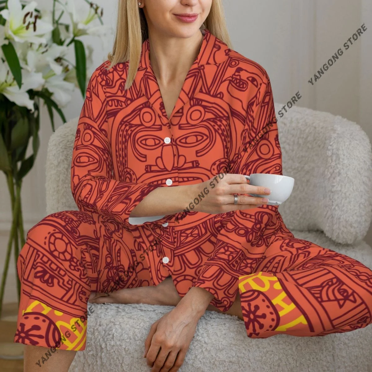 

Женские пижамы майя зодиака, домашняя одежда, одежда для сна из двух предметов, длинный пижамный комплект на пуговицах с длинными рукавами