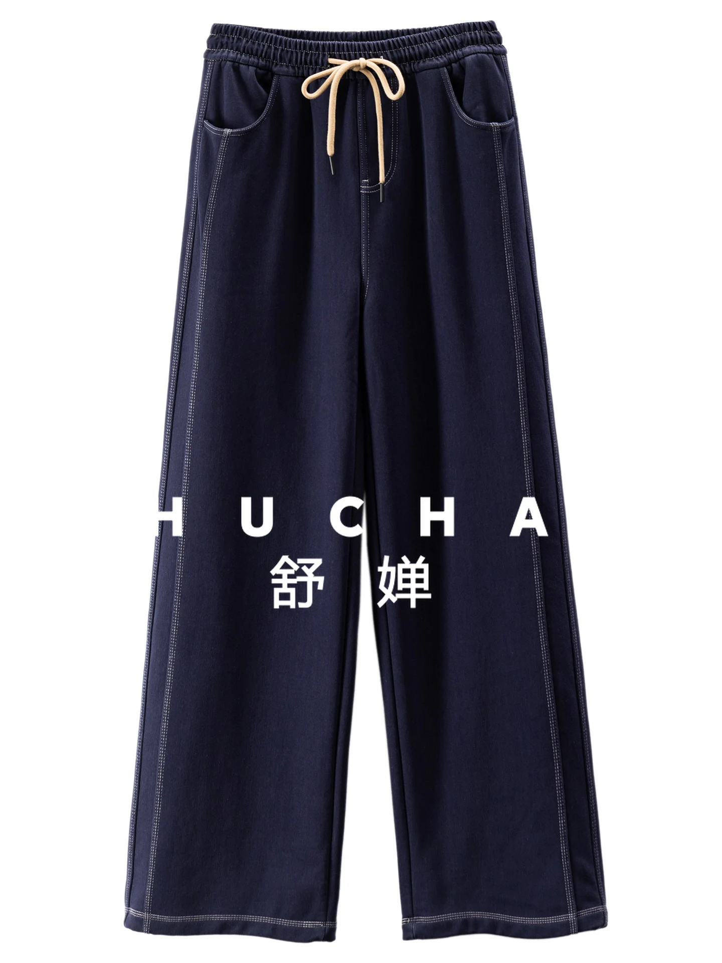 السراويل الشتوية فكر ذلك كان الدنيم الصوف مستقيم السراويل واسعة الساق للنساء 08J5 Pantalon صب فام