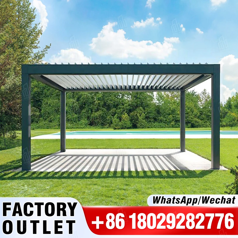 Powder Coated Electric Louvered Roof Gazebo System With Side Sun Screen