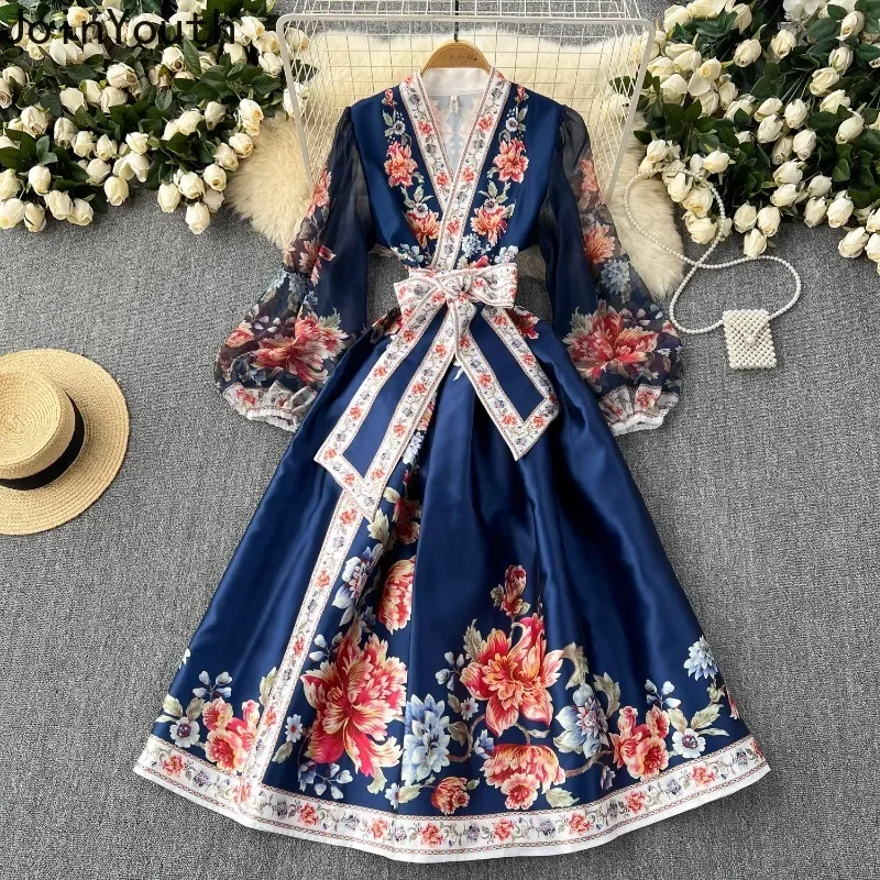 Floral Summer Dress Women Slim Waist Bandage Temperament Robe Femme 2024 Vestidos De Mujer Vintage Elegant Maxi Dresses 27w921