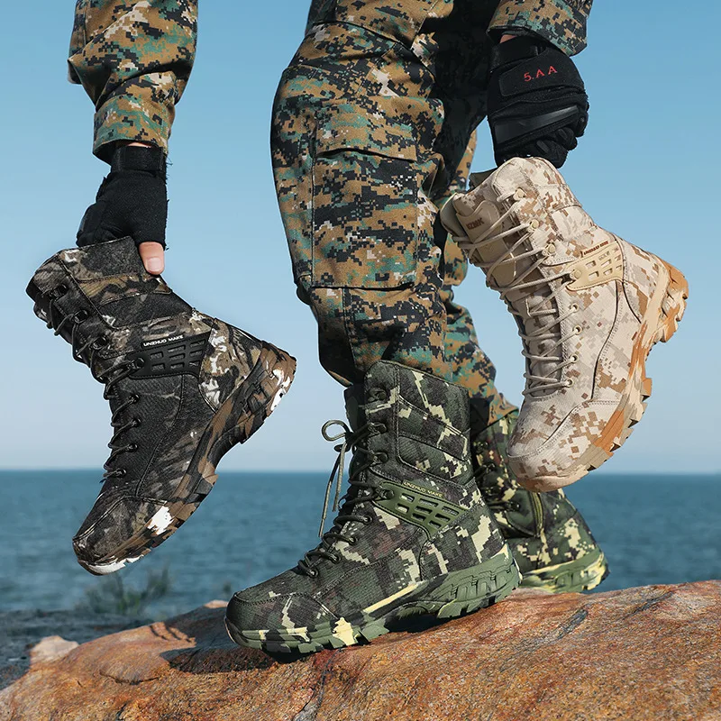 High Quality Fashion Camouflage Hiking Boots Men High-top Waterproof Trekking Shoes Man Anti-slip Tactical Boots Big Size 47 Men