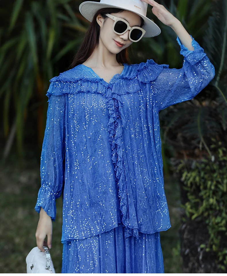 Spring New Blue Silk Luxury Sequin Embroidery Fashion Ruffle Edge Loose Top+Elastic Waist Half Skirt Women's Set One Size