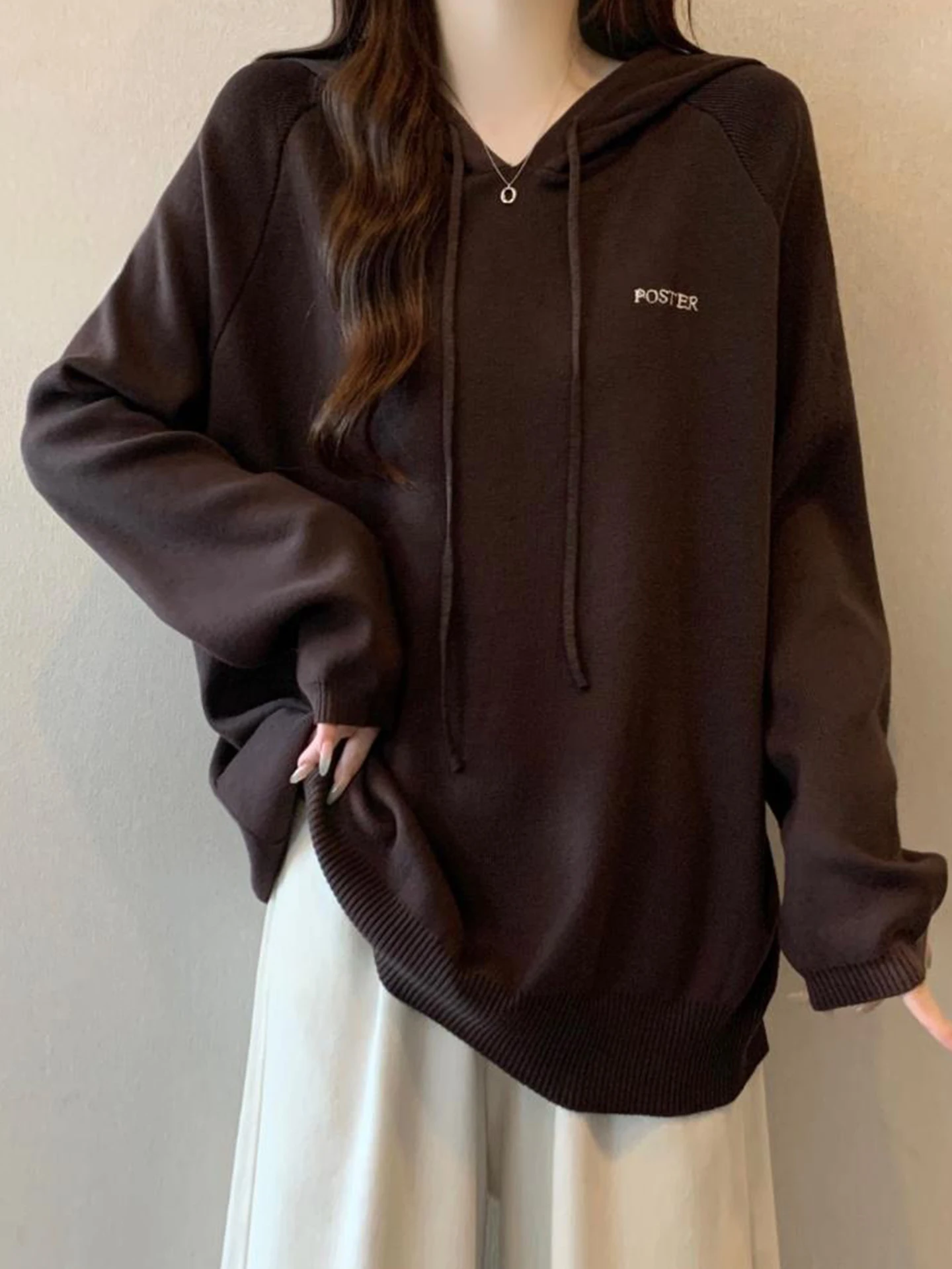 

Women's Oversized Knitted Hoodie Coffee Color Base Layer irt Long Sve Commute Sle Korean Version Mid-Length Top