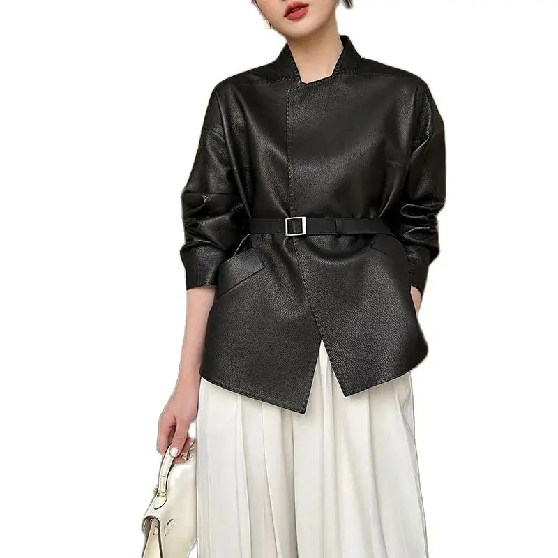 High-End-PU-Lederjacke 2025, NEUE Damen-Frühlings-Herbst-koreanische Version, schwarzer kurzer Gürtel-Ledermantel, weiblich, 4XL